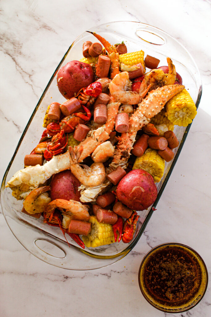 serve seafood boil in baking dish